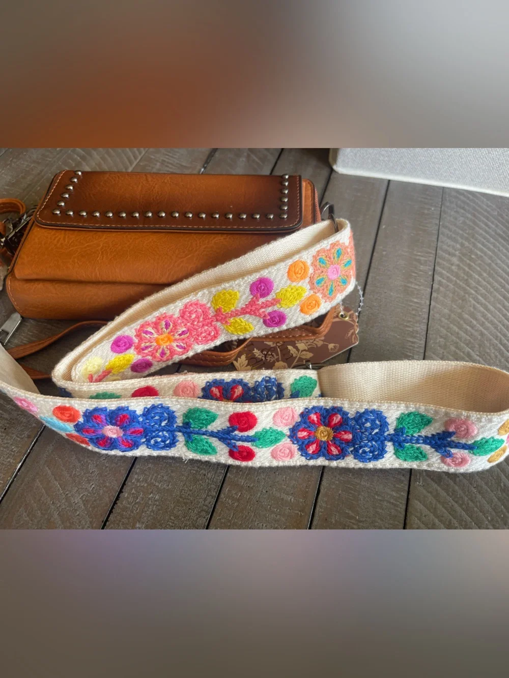 Tan Leather Crossbody Bag with Studded Front Panel and Colorful Strap